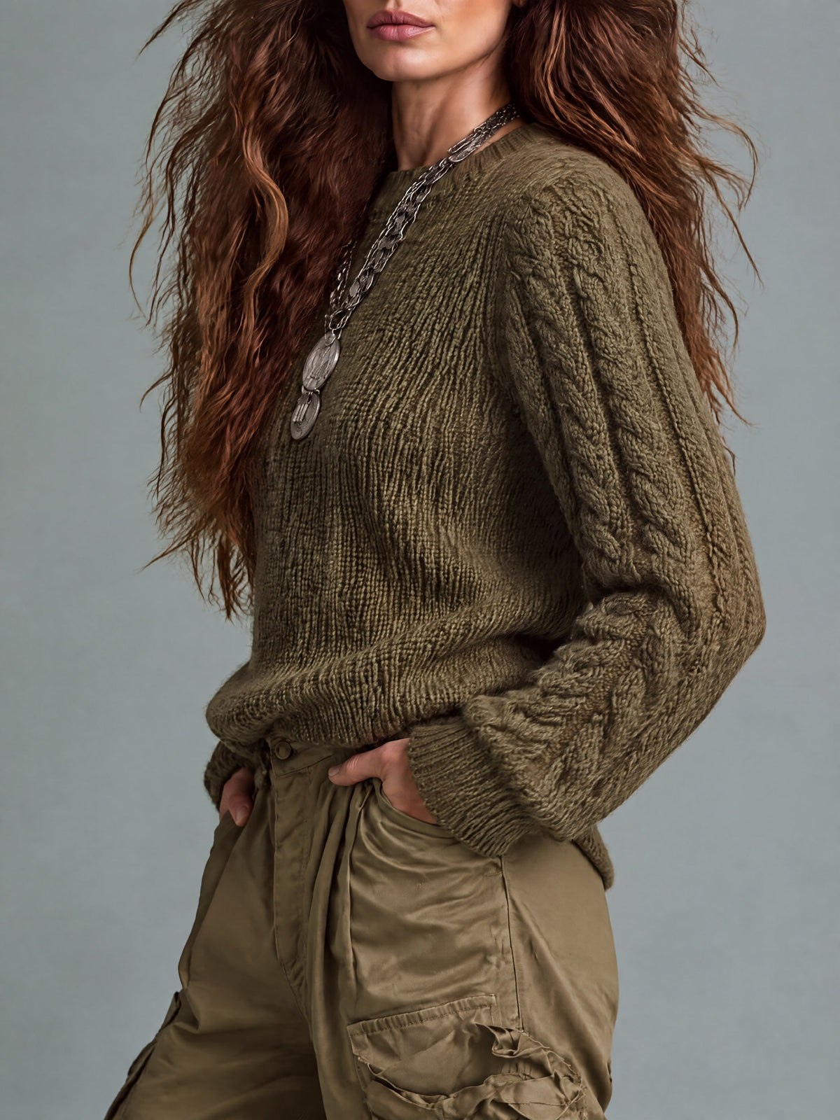 Retro Olive Green Cable Knit Crew Neck Pullover Sweater
