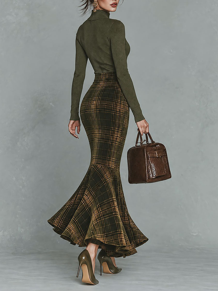 Vintage Keyhole-neck Ribbed Top & Olive Plaid Velvet Mermaid Skirt Set