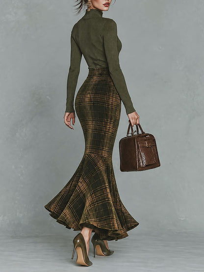 Vintage Keyhole-neck Ribbed Top & Olive Plaid Velvet Mermaid Skirt Set