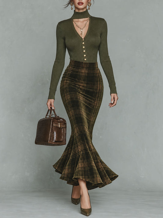 Vintage Keyhole-neck Ribbed Top & Olive Plaid Velvet Mermaid Skirt Set