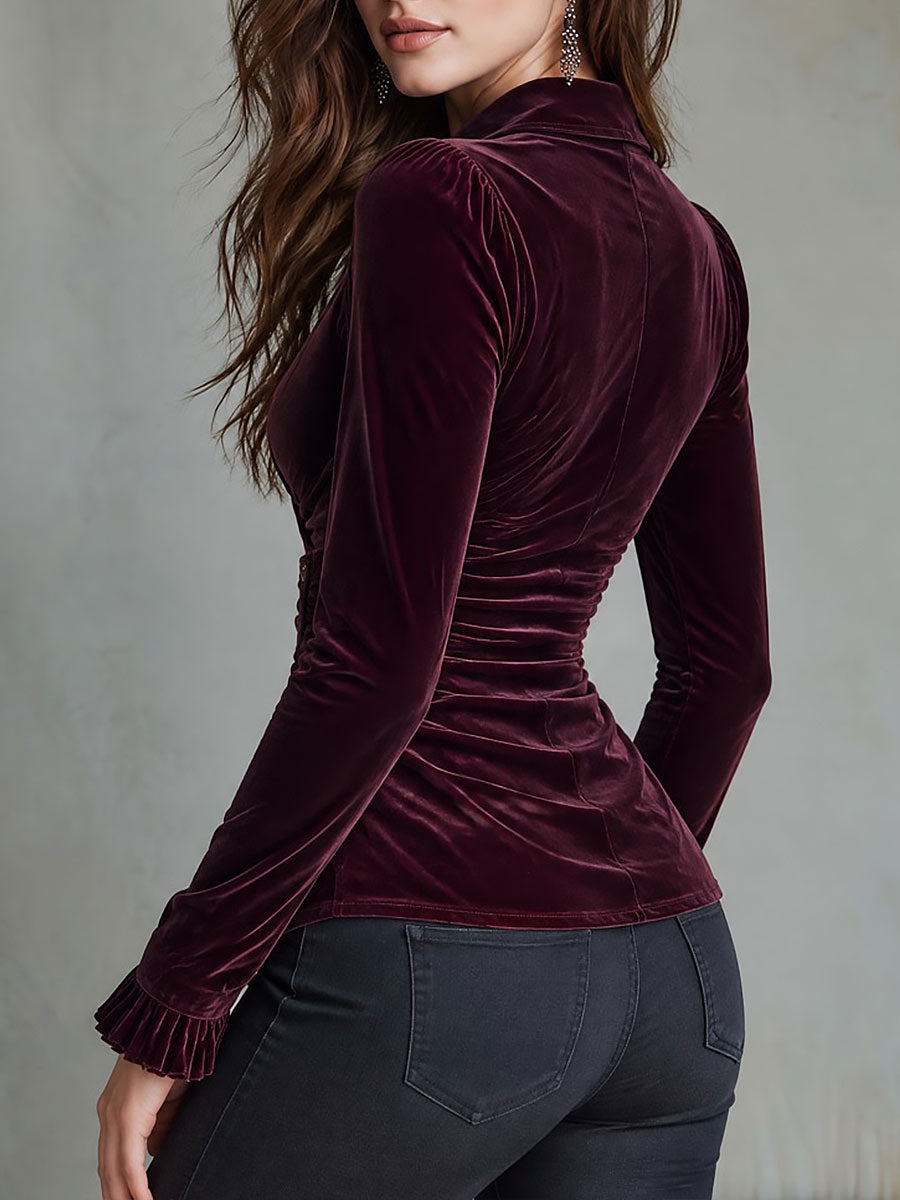 Retro Burgundy Lace Trim Plunging Collar Velvet Wrap Blouse with Ruffle Cuffs