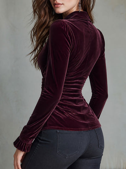 Retro Burgundy Lace Trim Plunging Collar Velvet Wrap Blouse with Ruffle Cuffs