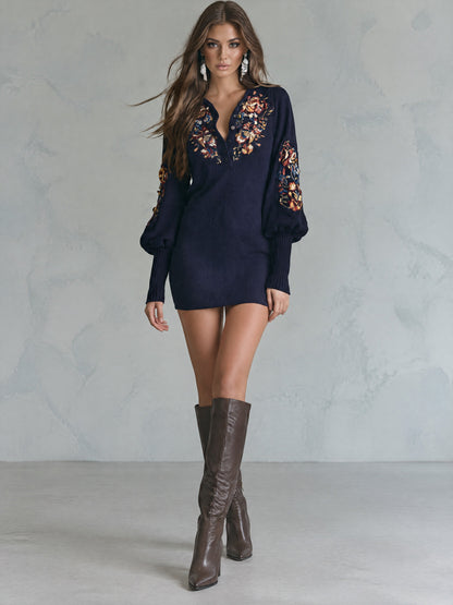 Boho Navy Embroidered Waffle-Knit Henley Mini Dress With Balloon Sleeves