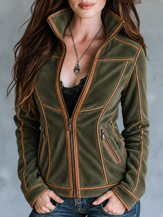 Retro Olive Green Fitted Zip-Up Microsuede Jacket With Tan Piping