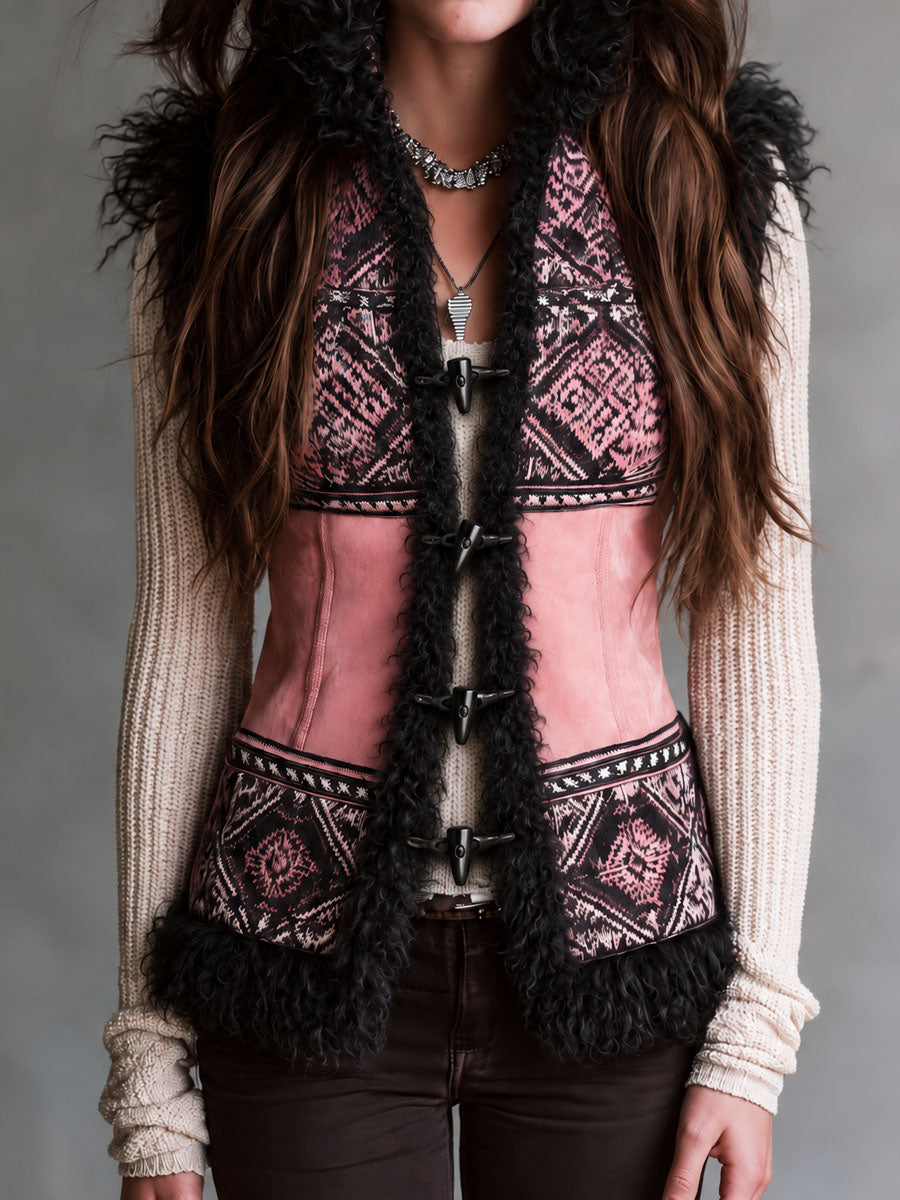 Boho Pink Geometric Patchwork Vest With Black Faux Shearling Trim