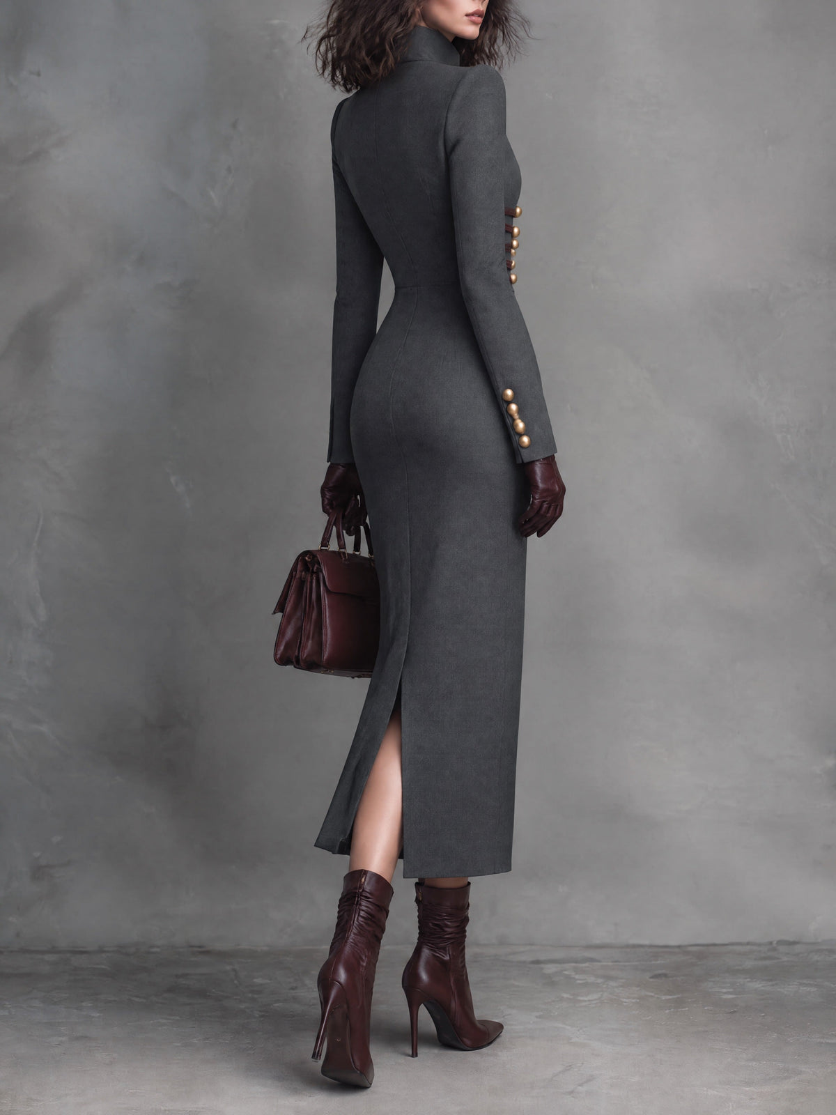 Charcoal Grey Military Stand Collar Midi Dress with Gold Buttons and Burgundy Braid Trim