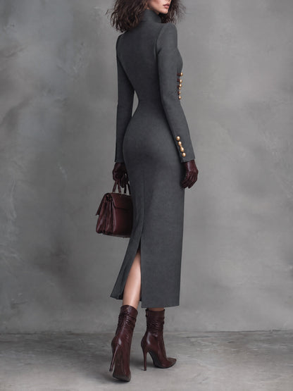 Charcoal Grey Military Stand Collar Midi Dress with Gold Buttons and Burgundy Braid Trim