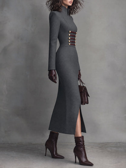 Charcoal Grey Military Stand Collar Midi Dress with Gold Buttons and Burgundy Braid Trim