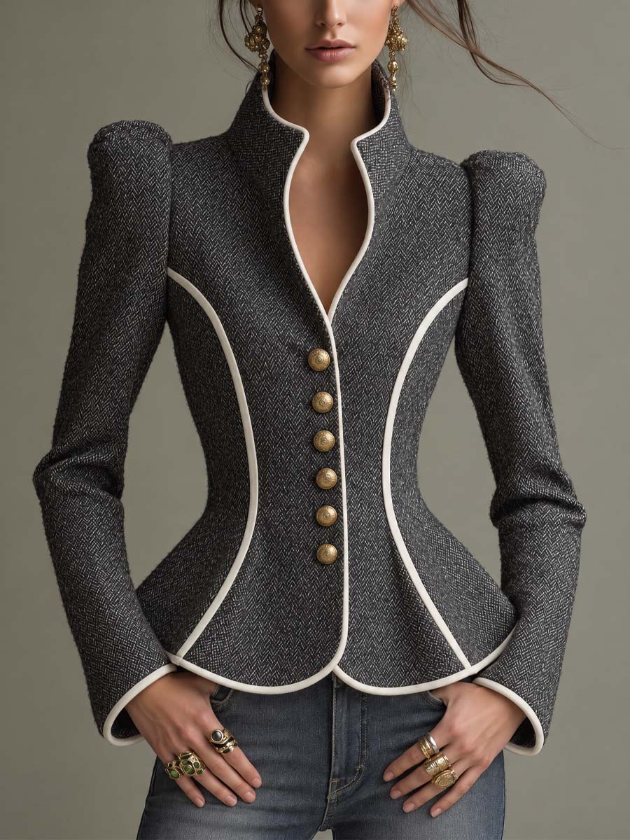 Women's Charcoal Herringbone Tailored Gold Buttons Jacket With Ivory Piping