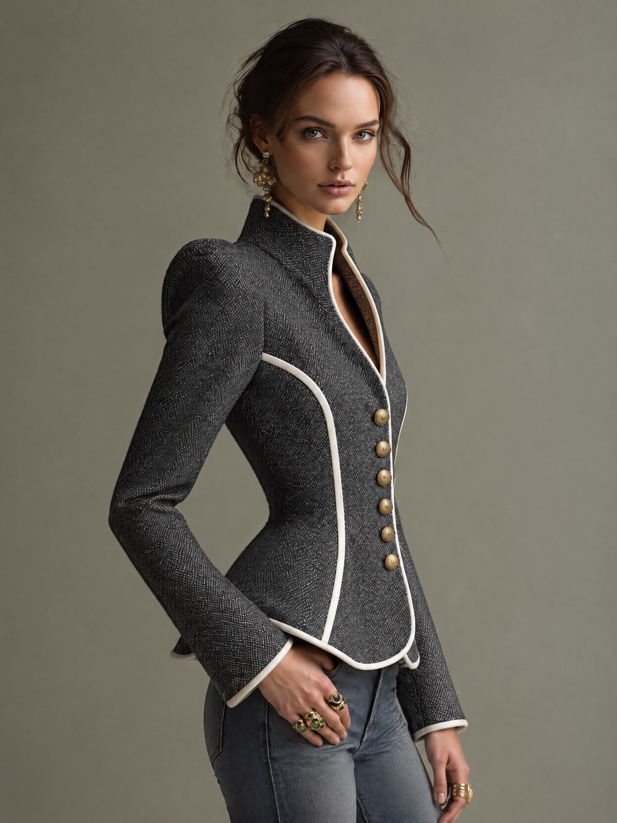 Women's Charcoal Herringbone Tailored Gold Buttons Jacket With Ivory Piping
