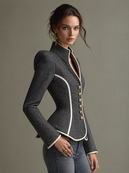 Women's Charcoal Herringbone Tailored Gold Buttons Jacket With Ivory Piping