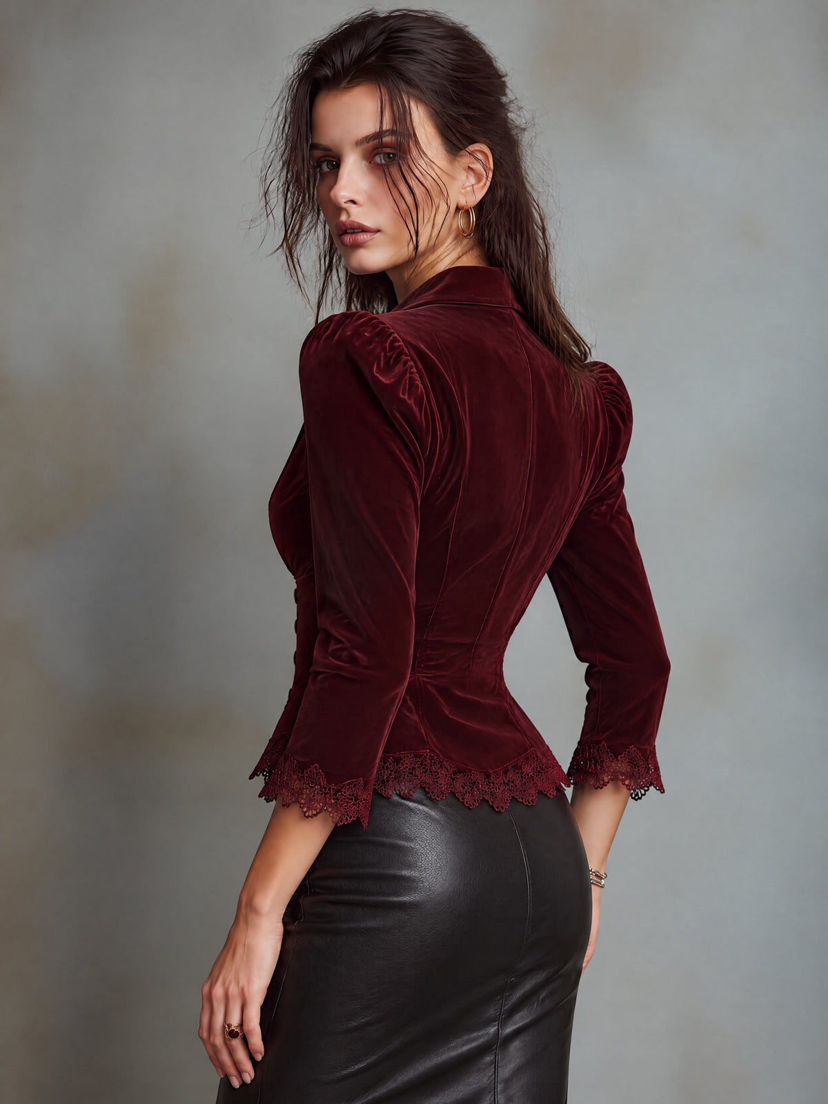 Burgundy Velvet Zip-Front Jacket With Lace Trim And Military Buttons