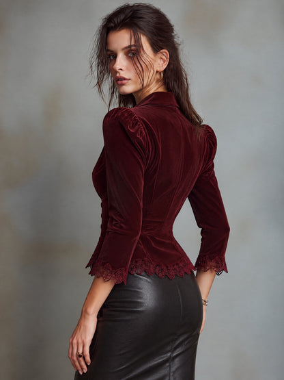 Burgundy Velvet Zip-Front Jacket With Lace Trim And Military Buttons