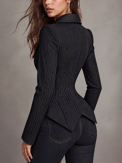 Black Pinstripe Corset Double-Breasted Blazer With Satin Collar