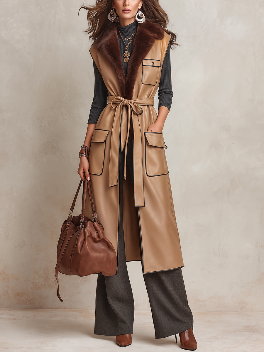 Vintage Camel Brown Polyurethane Faux Fur Collar Belted Long Vest