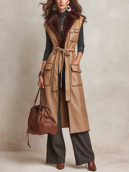 Vintage Camel Brown Polyurethane Faux Fur Collar Belted Long Vest