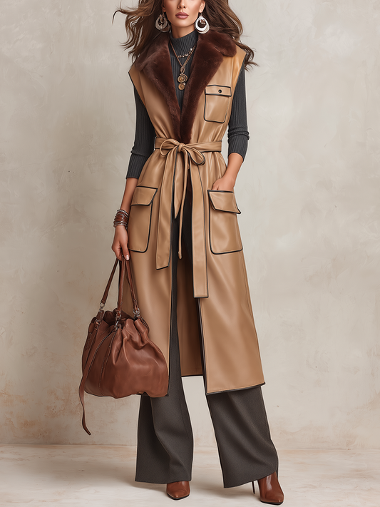 Vintage Camel Brown Polyurethane Faux Fur Collar Belted Long Vest