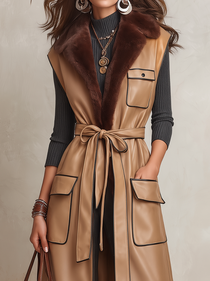 Vintage Camel Brown Polyurethane Faux Fur Collar Belted Long Vest