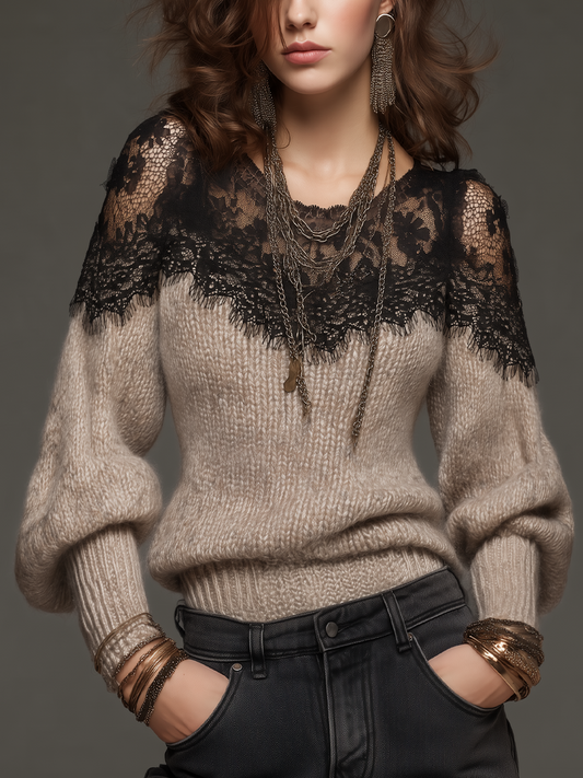 Elegant Beige Lace Yoke Contrast Knit Sweater