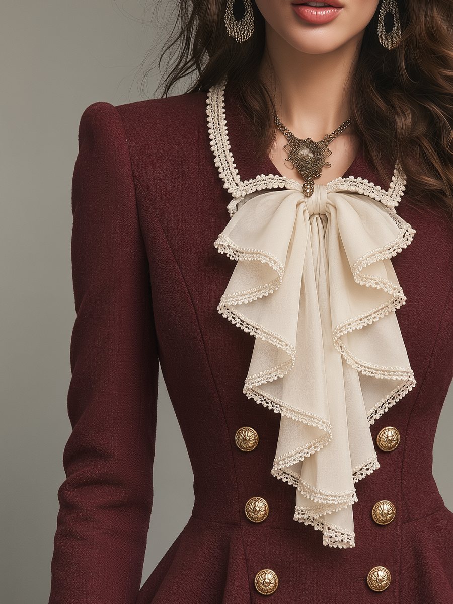 Elegant Burgundy Ruffle Bow Front Double Breasted Peplum Blazer