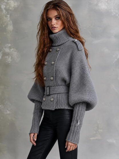 Retro Grey Knit Turtleneck Double-Breasted Belted Jacket With Puff Sleeves