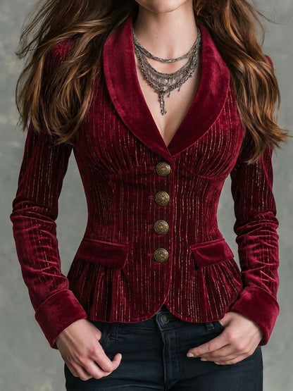 Vintage Shawl Collar Burgundy Velvet Blazer With Gold Pinstrip