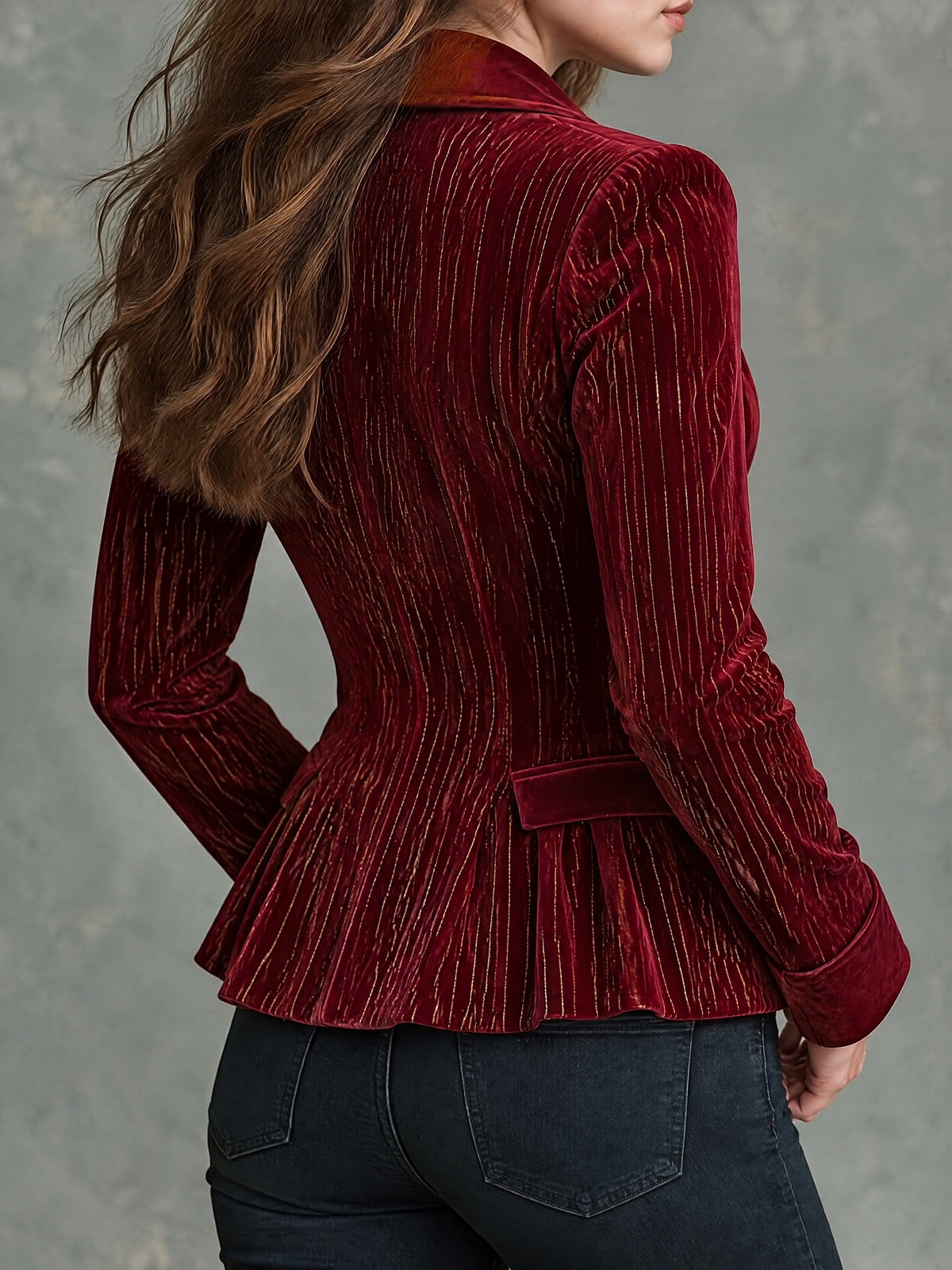 Vintage Shawl Collar Burgundy Velvet Blazer With Gold Pinstrip