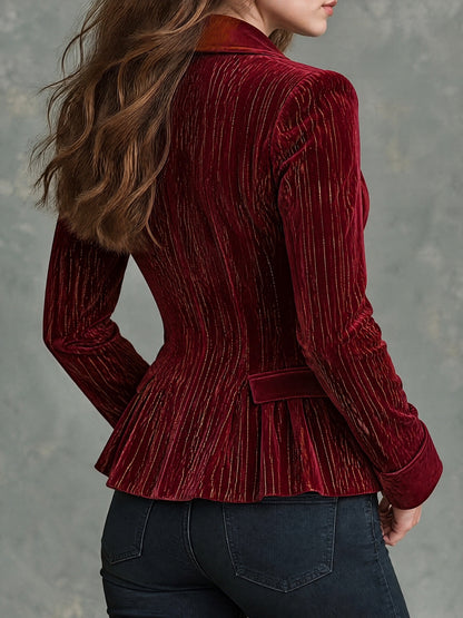 Vintage Shawl Collar Burgundy Velvet Blazer With Gold Pinstrip