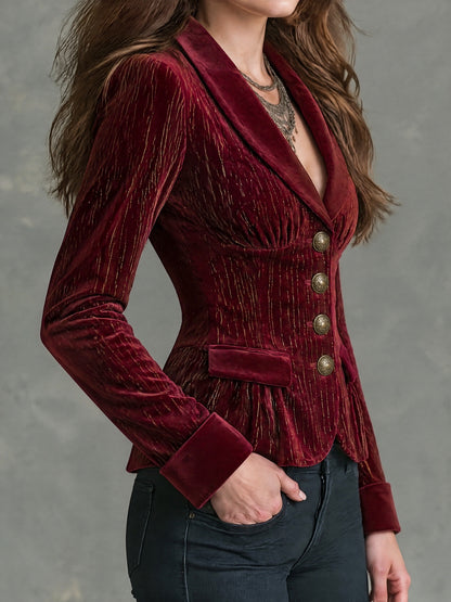 Vintage Shawl Collar Burgundy Velvet Blazer With Gold Pinstrip