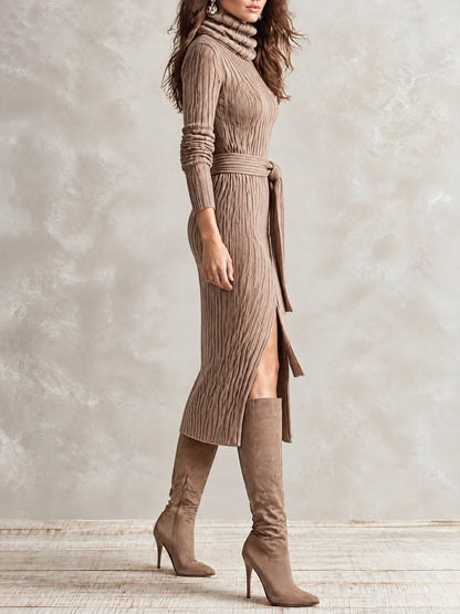 Elegant Taupe Ribbed Knit Turtleneck Midi Dress With Tie Belt And Side Slit