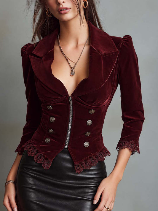 Burgundy Velvet Zip-Front Jacket With Lace Trim And Military Buttons