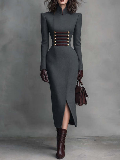 Charcoal Grey Military Stand Collar Midi Dress with Gold Buttons and Burgundy Braid Trim