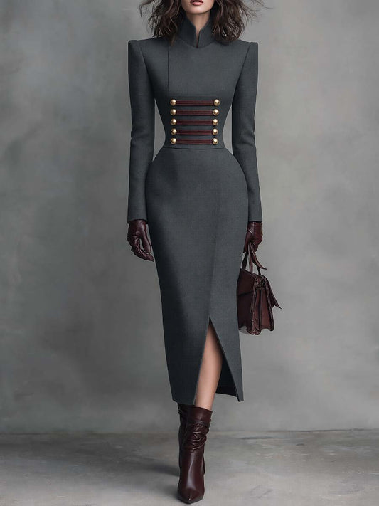 Charcoal Grey Military Stand Collar Midi Dress with Gold Buttons and Burgundy Braid Trim