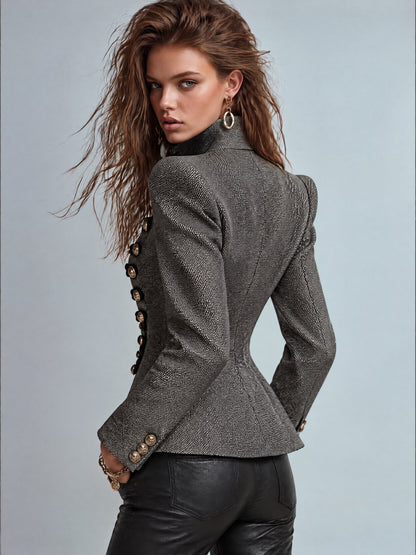 Grey Tweed-Look Military Jacket with Black Braided Trim and Gold Lion Buttons