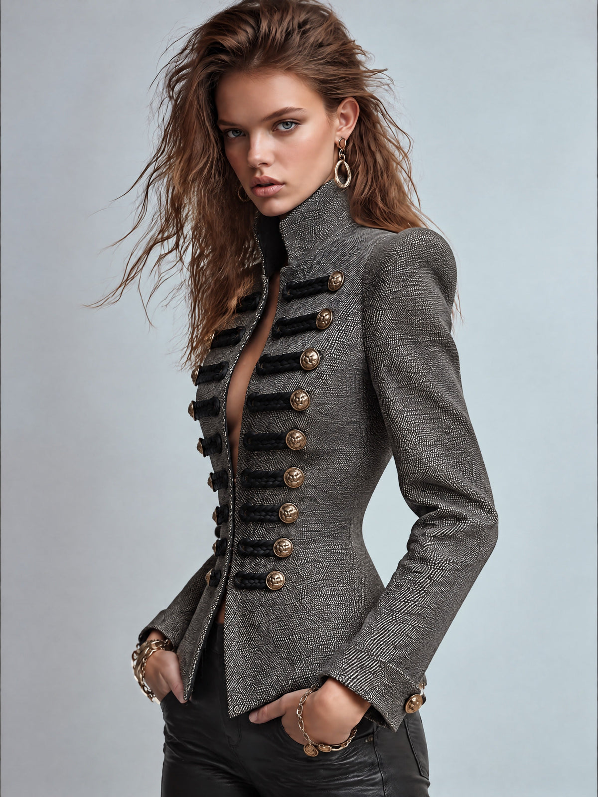 Grey Tweed-Look Military Jacket with Black Braided Trim and Gold Lion Buttons