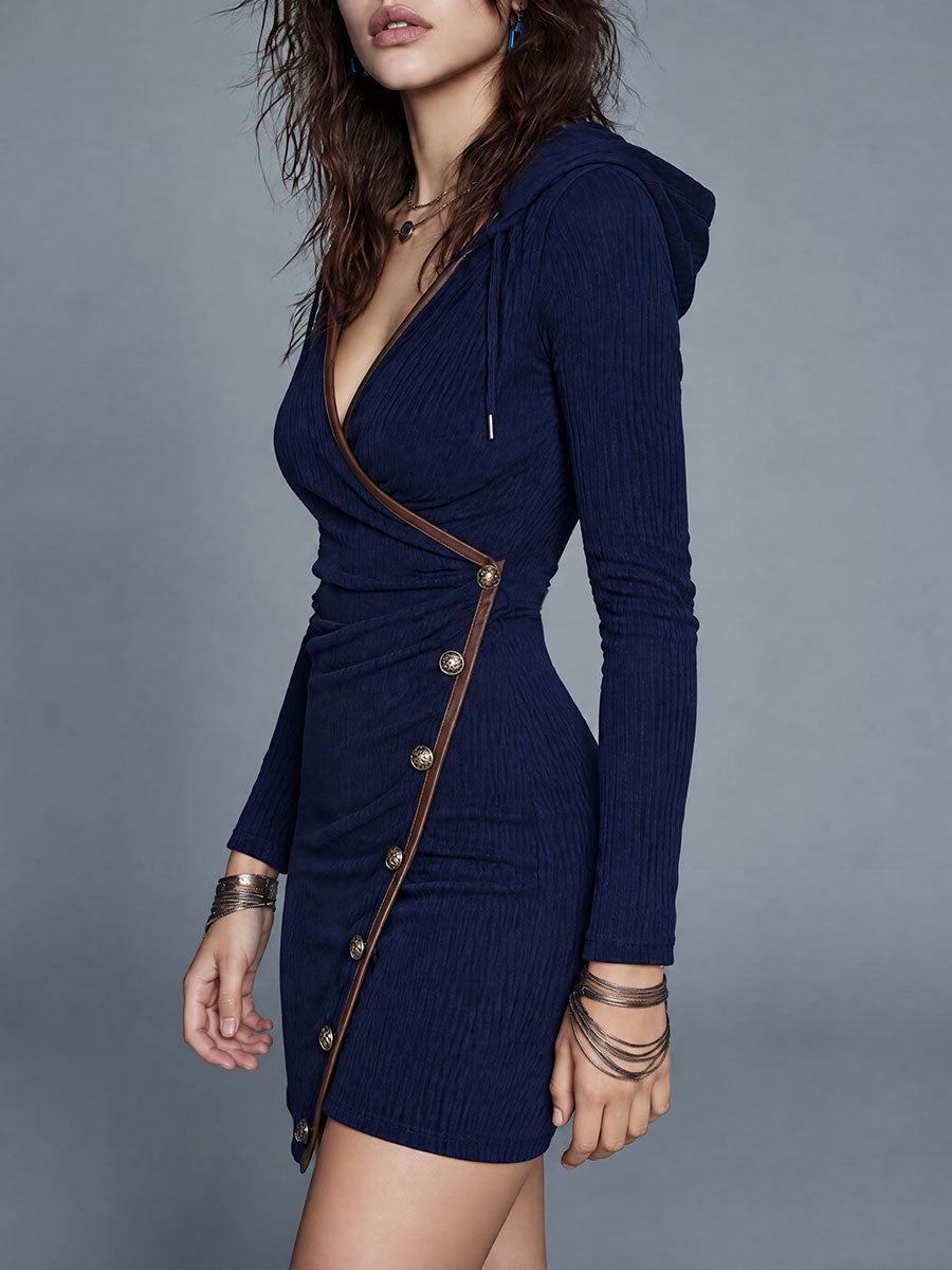 Navy Ribbed Knit Pu Trim Hooded Mini Dress with Button Detail
