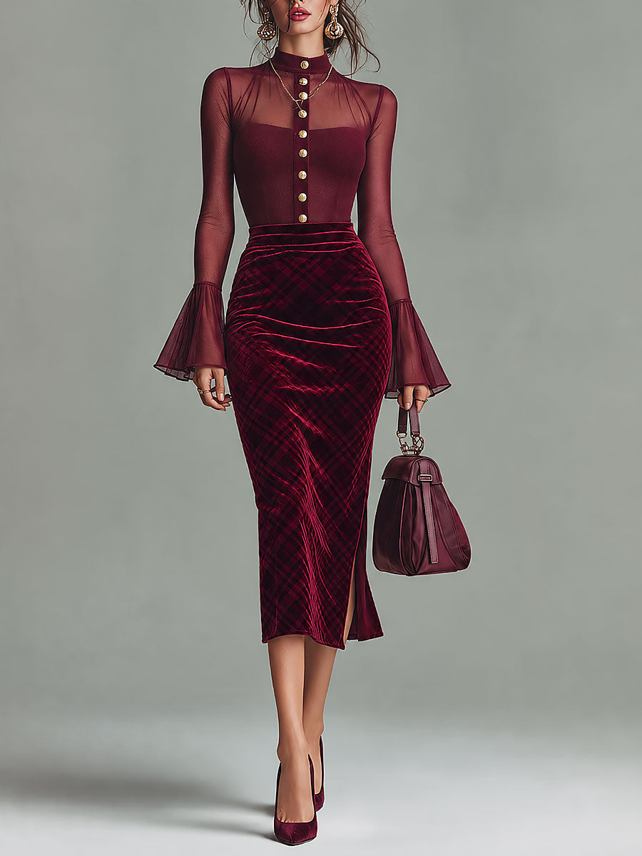 Elegant Flared Sleeves Mesh Blouse & Velvet Plaid Print Front Slit Midi Skirt Set