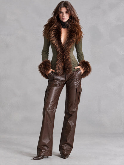 Retro Olive Green Ribbed Knit Cardigan With Brown Faux Fur Trim