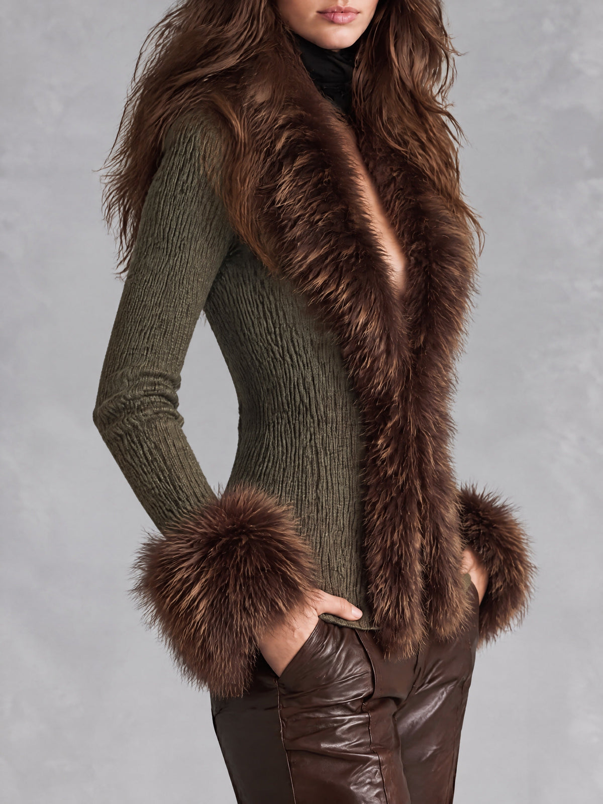 Retro Olive Green Ribbed Knit Cardigan With Brown Faux Fur Trim