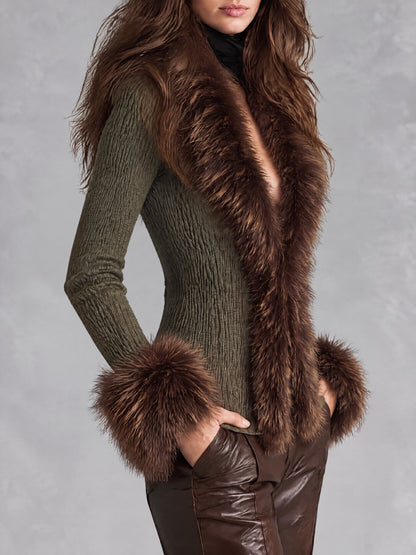 Retro Olive Green Ribbed Knit Cardigan With Brown Faux Fur Trim