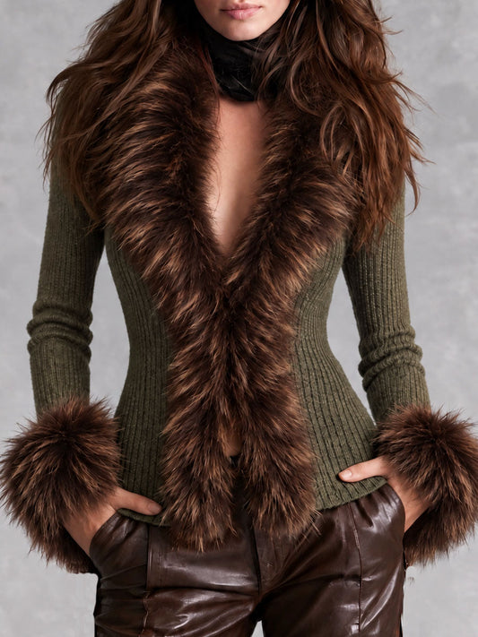 Retro Olive Green Ribbed Knit Cardigan With Brown Faux Fur Trim
