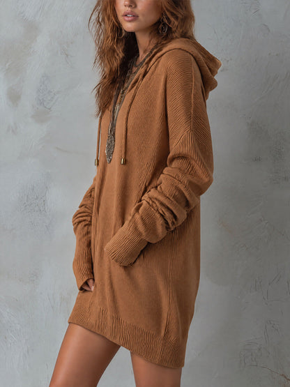Vintage V-Neck Drawstring Ribbed Knit Hooded Mini Dress