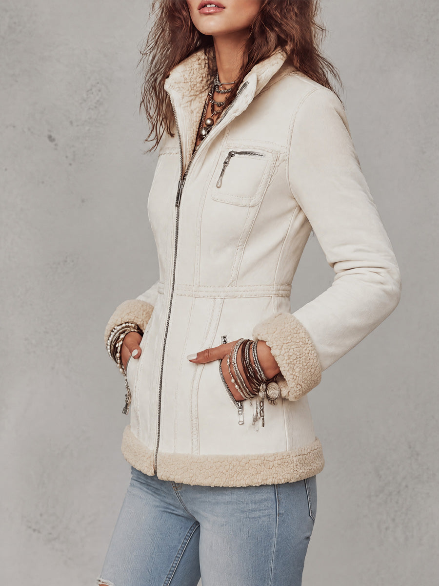 Vintage Faux Shearling Zip-Up Jacket With Sherpa Trim And Stand Collar