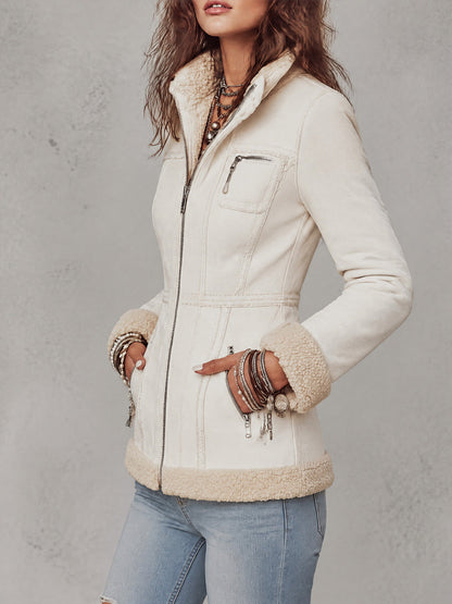 Vintage Faux Shearling Zip-Up Jacket With Sherpa Trim And Stand Collar