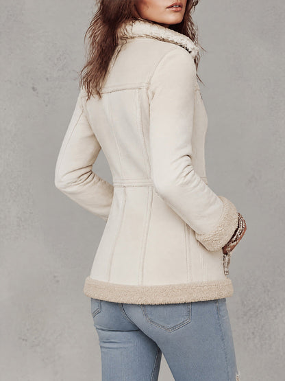 Vintage Faux Shearling Zip-Up Jacket With Sherpa Trim And Stand Collar