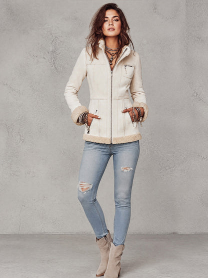 Vintage Faux Shearling Zip-Up Jacket With Sherpa Trim And Stand Collar