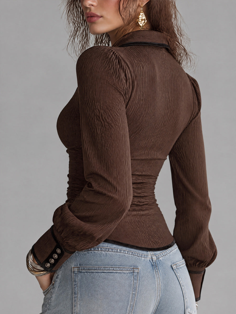 Contrast Piping Ruched Waist Slim Fit Ribbed Blouse