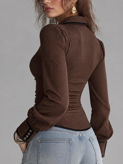 Contrast Piping Ruched Waist Slim Fit Ribbed Blouse