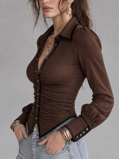 Contrast Piping Ruched Waist Slim Fit Ribbed Blouse
