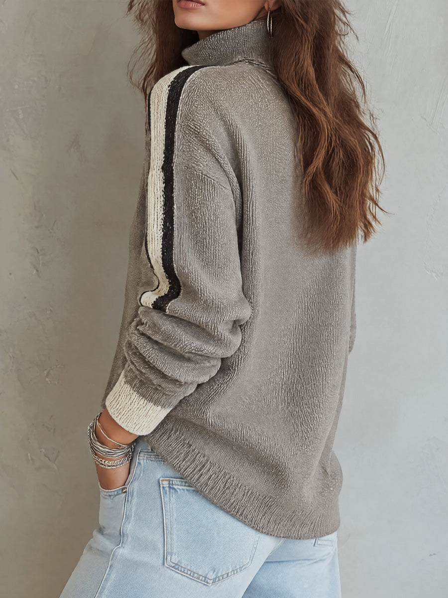 Vintage Contrast Striped Sleeves And Ribbed Cuffs Turtleneck Pullover Sweater